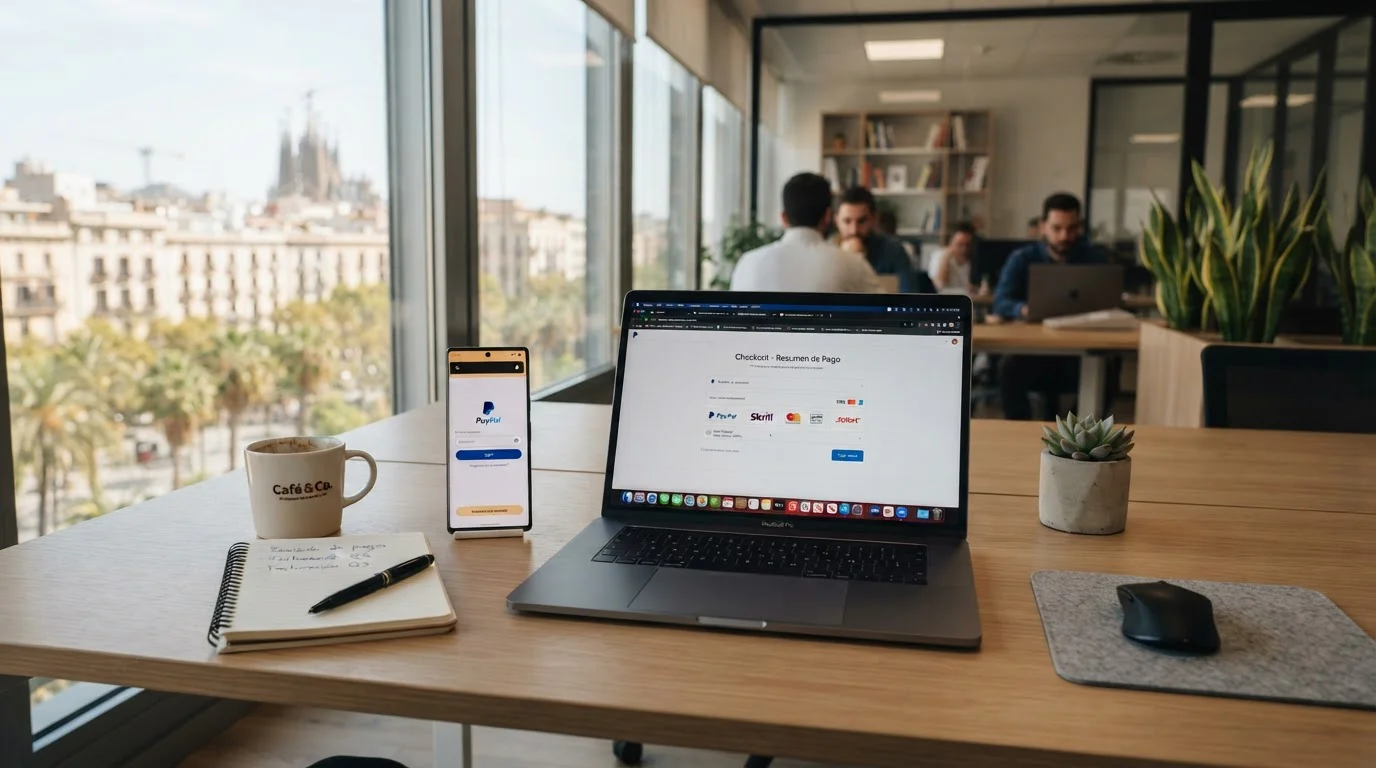 Escritorio con smartphone mostrando métodos de pago alternativos a Bizum