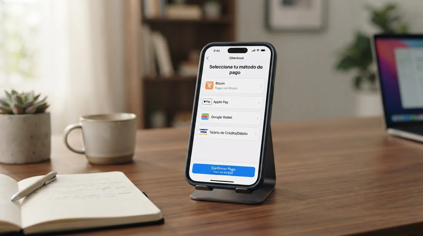 Smartphone mostrando opciones de pago Apple Pay, Google Pay y Bizum en interfaz de casino
