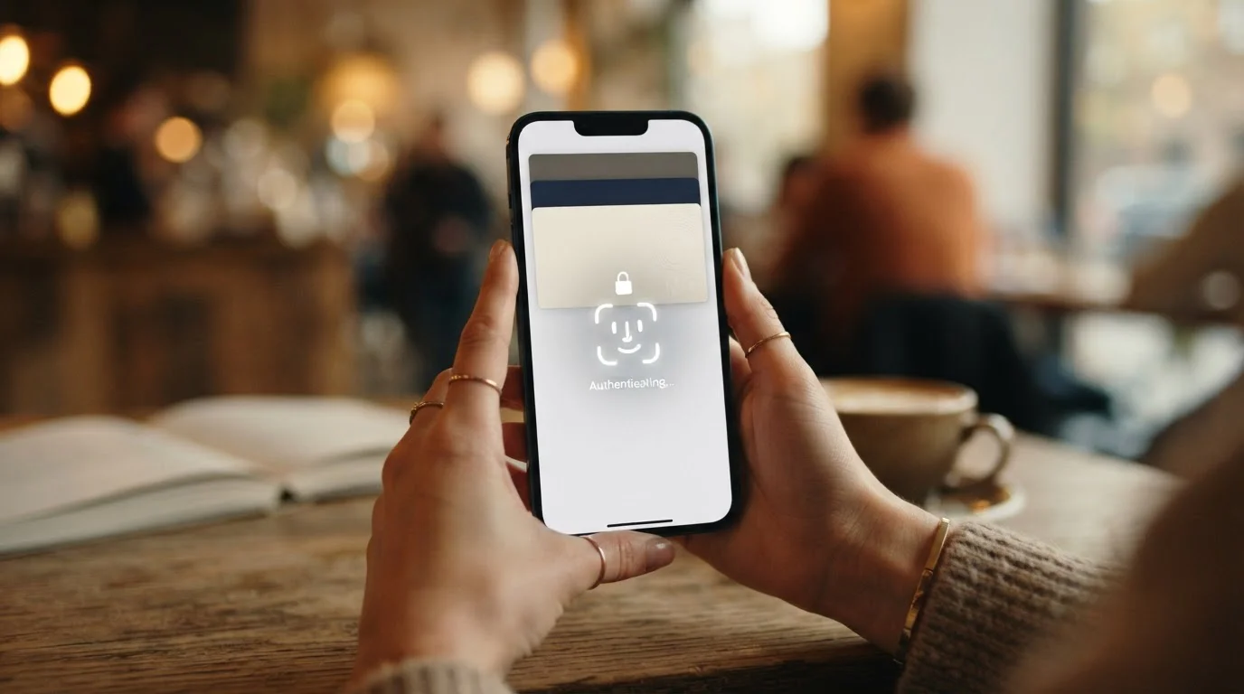 iPhone mostrando Apple Wallet con tarjeta CaixaBank y autenticación Face ID
