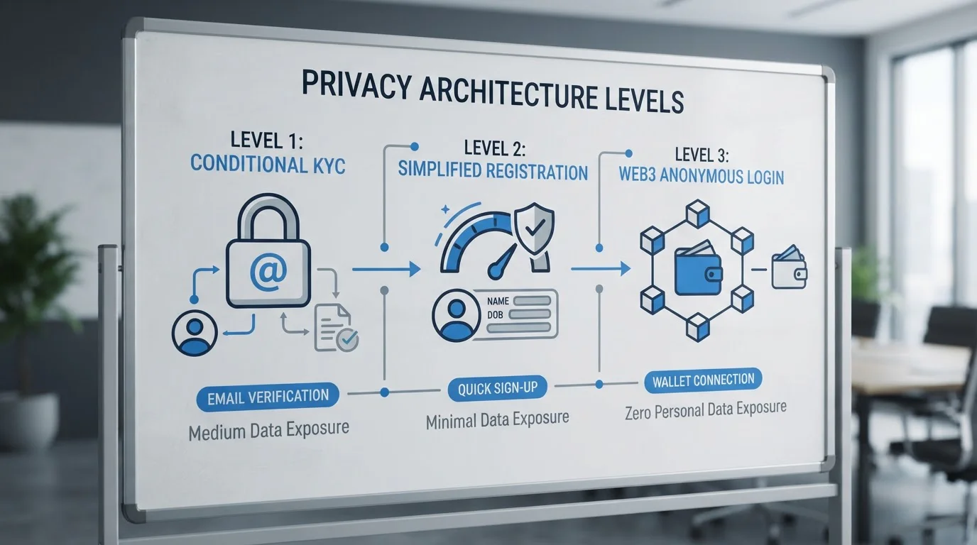Diagrama conceptual mostrando tres niveles de arquitectura de privacidad en casinos crypto