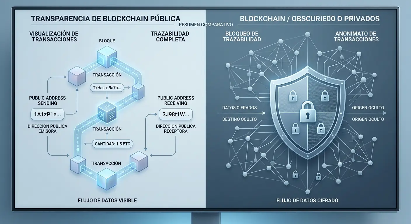 Visualización de transacciones blockchain públicas versus transacciones Monero opacas