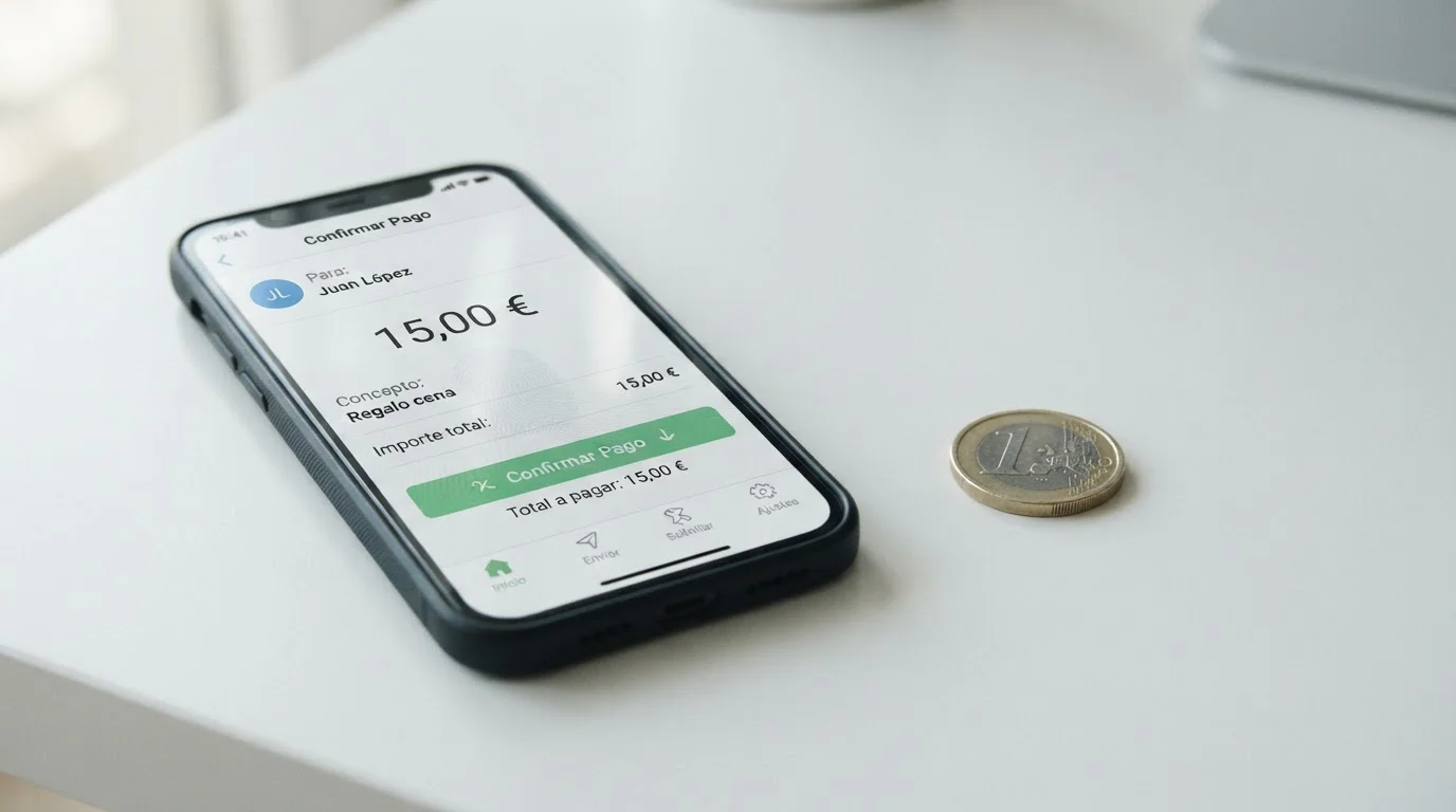 Smartphone con aplicación Bizum abierta junto a moneda de un euro