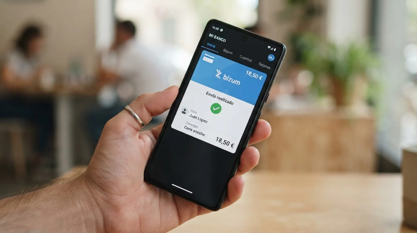 Smartphone mostrando app de Bizum con interfaz bancaria española