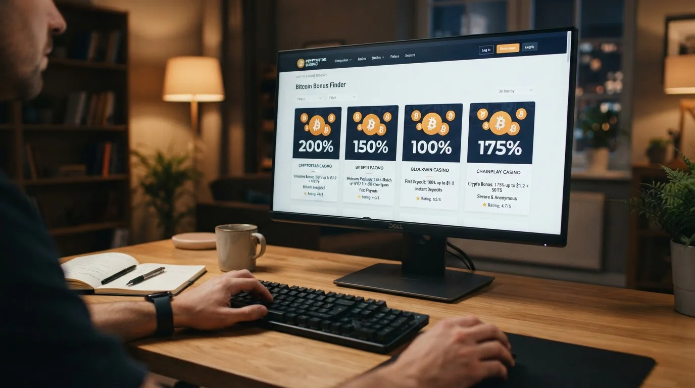 Pantalla de ordenador mostrando diferentes casinos Bitcoin con sus bonos de bienvenida