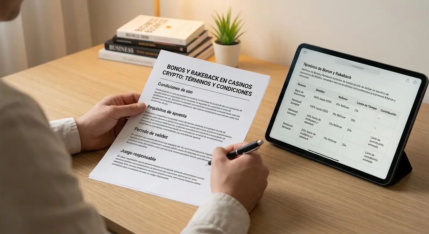 Persona revisando términos y condiciones impresos junto a tablet con interfaz de bonos