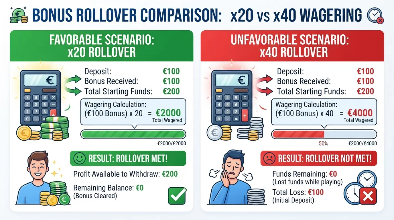 Infografía comparativa de impacto neto de bonos con rollover x20 vs x40