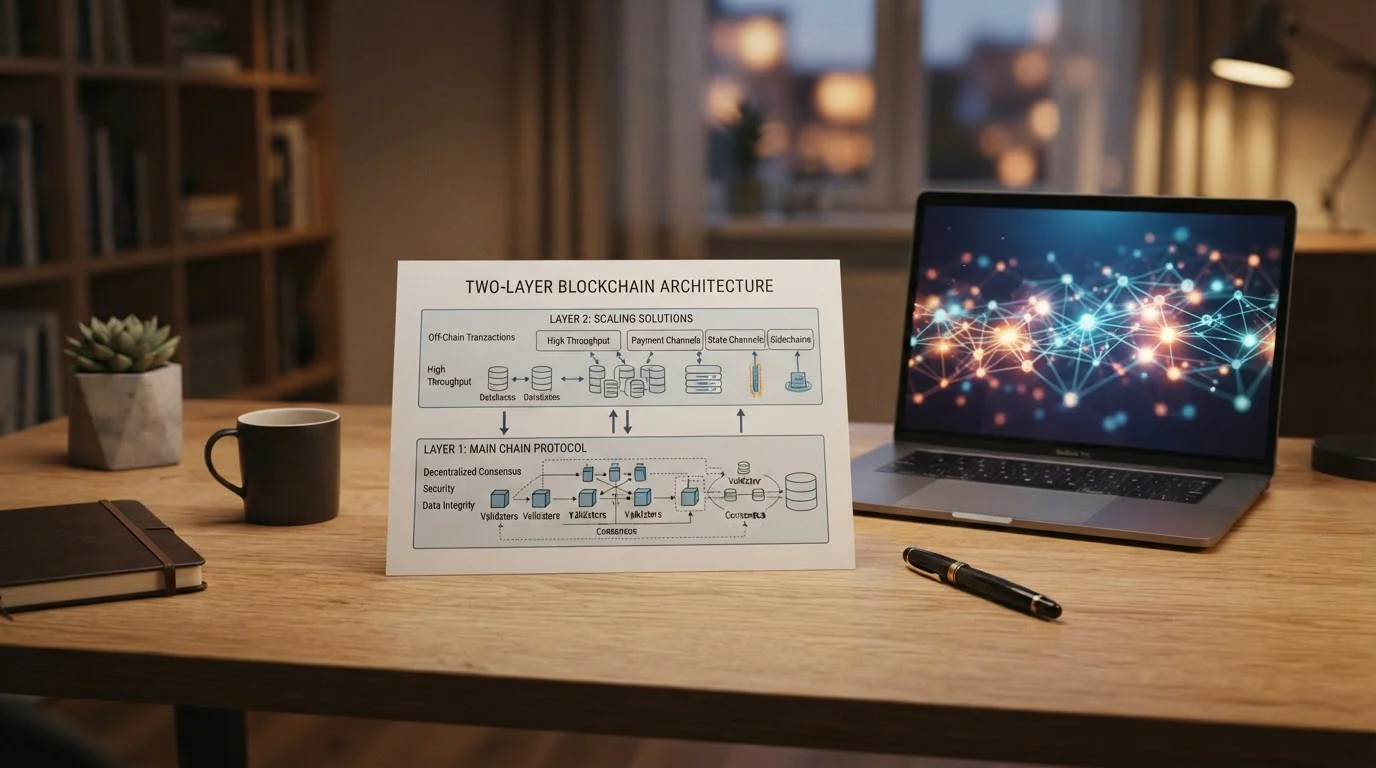 Diagrama de arquitectura blockchain Cardano de dos capas sobre escritorio