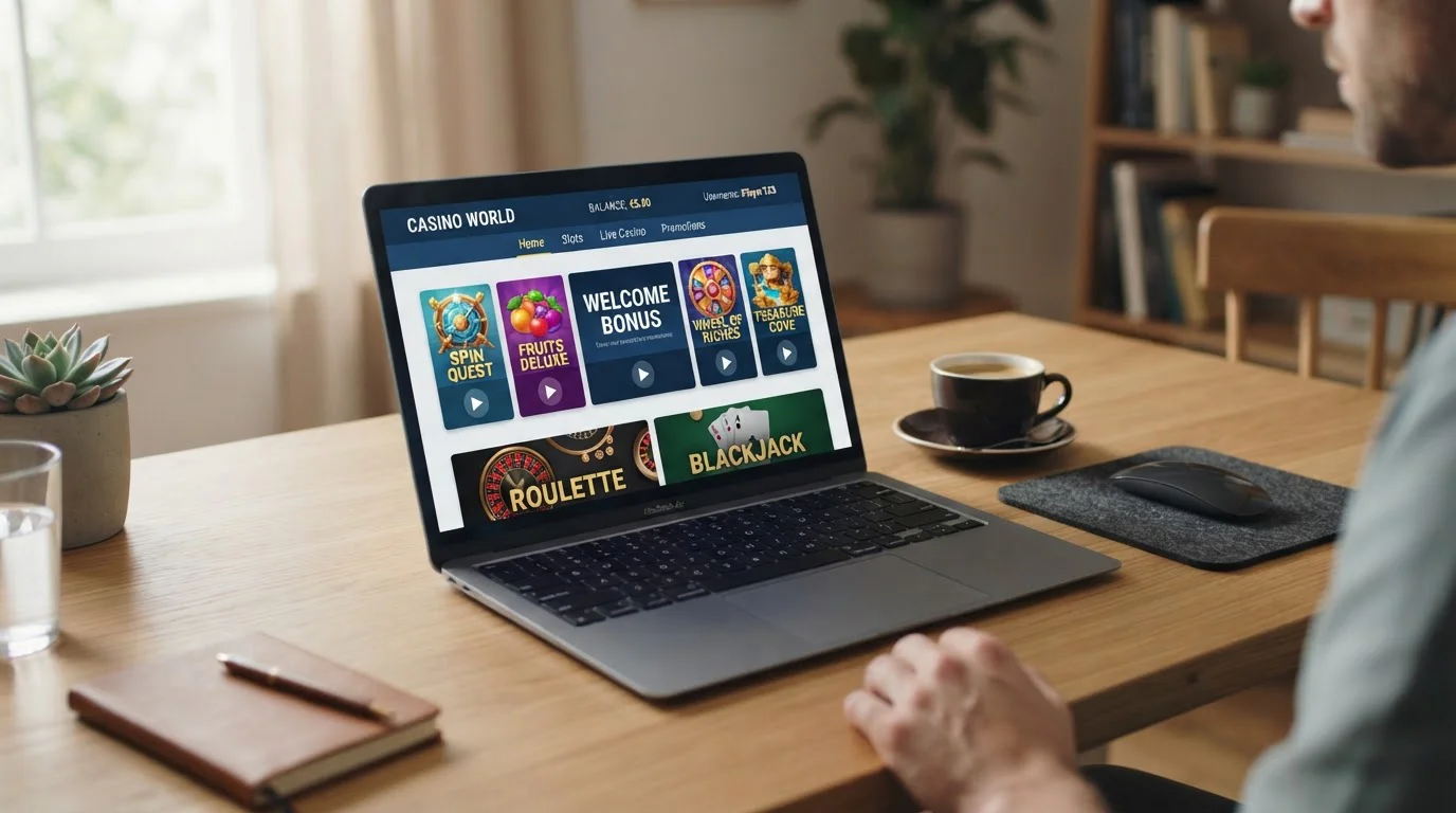 Pantalla de ordenador mostrando interfaz de casino online con saldo de 5 euros