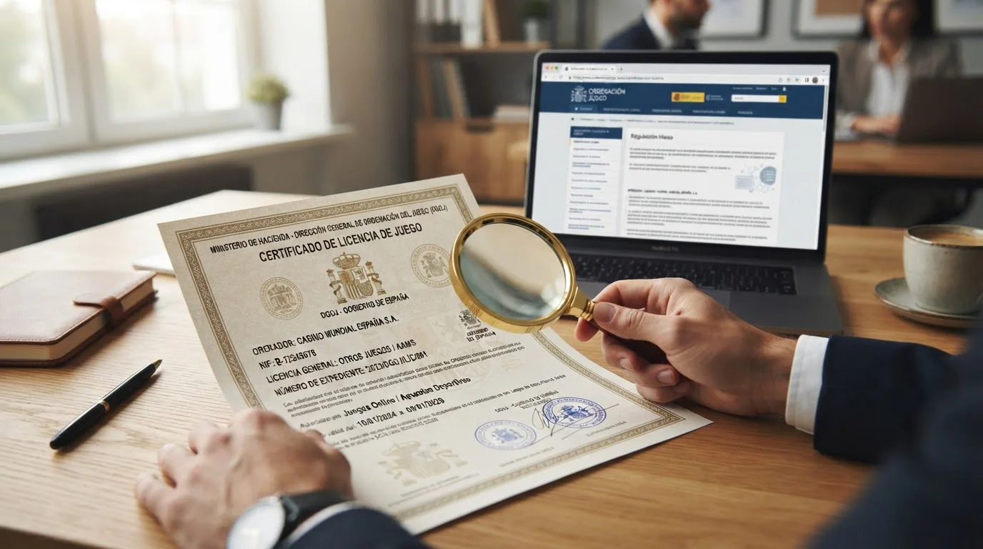 Documento de licencia casino con sello DGOJ y lupa examinando detalles en escritorio
