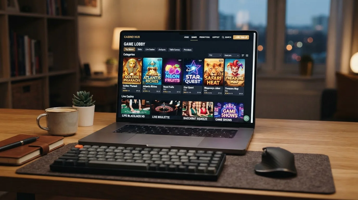 Laptop mostrando catálogo de juegos de casino con interfaz limpia
