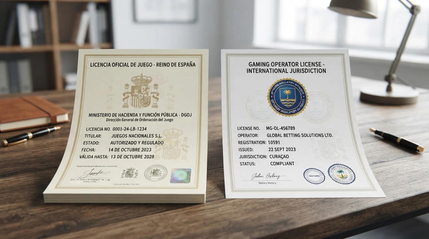 Comparación lado a lado de documentos de licencia DGOJ y offshore en escritorio