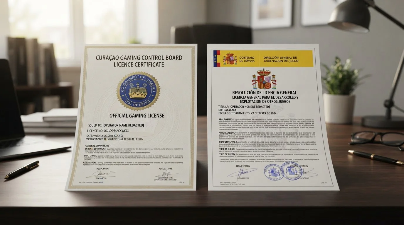 Documento de licencia offshore Curaçao junto a documento DGOJ español en comparación