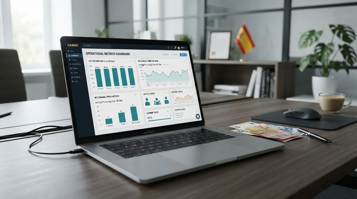 Escritorio con laptop mostrando estadísticas RTP de casinos online españoles