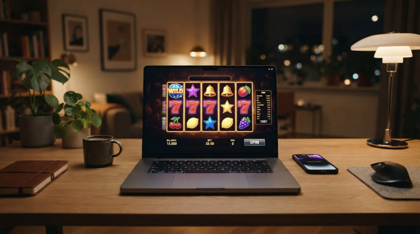Laptop mostrando interfaz de slot con símbolos genéricos y smartphone al lado