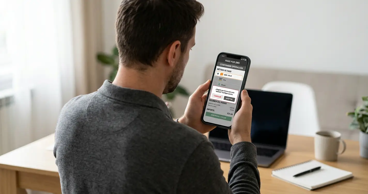Persona revisando métodos de pago móvil en smartphone con expresión de duda