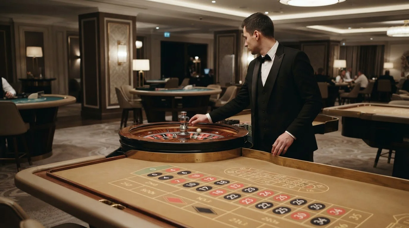 Mesa de casino en vivo con ruleta y crupier profesional