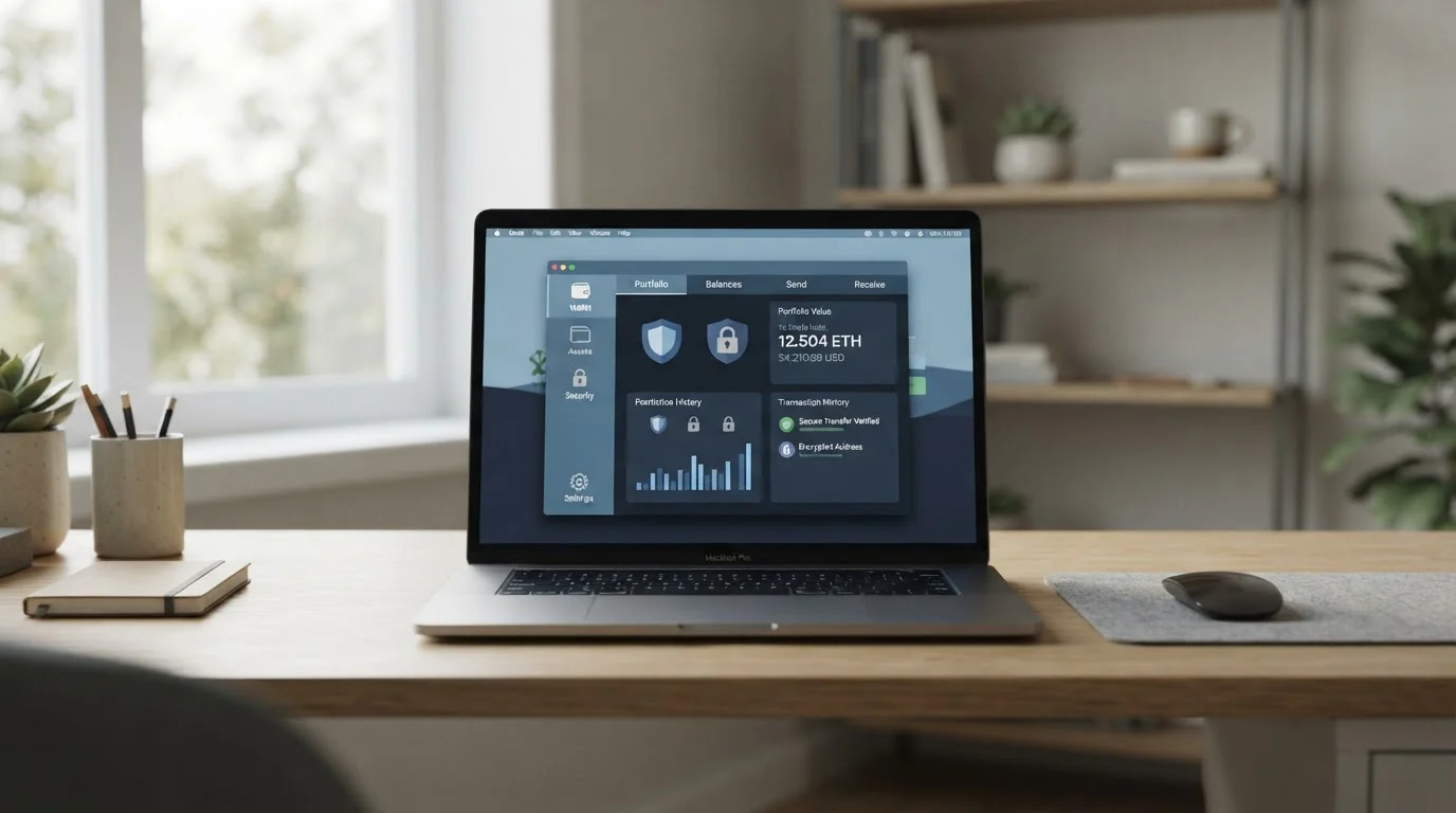 Persona usando laptop con wallet de criptomonedas y símbolos de privacidad digital