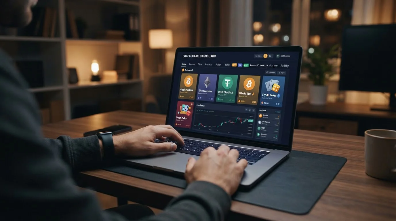 Interfaz de casino crypto mostrando múltiples criptomonedas aceptadas