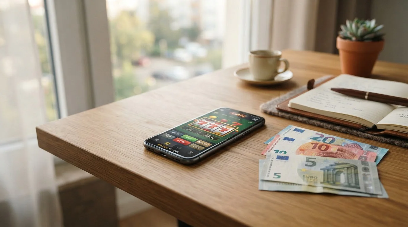 Escritorio moderno con smartphone mostrando app de casino y billetes de euro sobre mesa