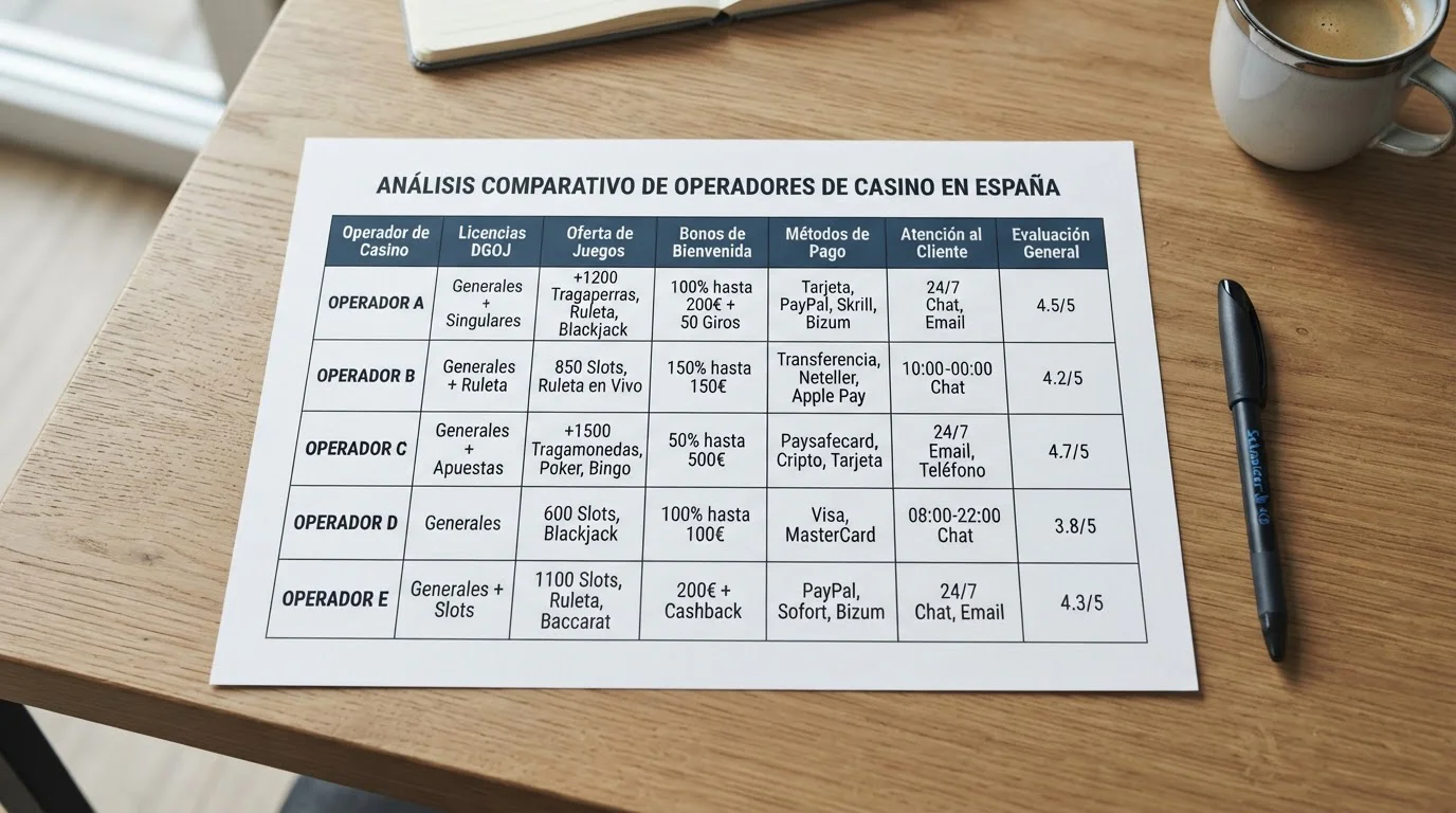 Comparativa visual de operadores de casino con transferencia bancaria