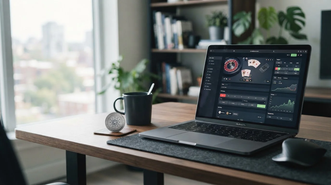 Criptomoneda Cardano junto a interfaz de casino online en pantalla de ordenador