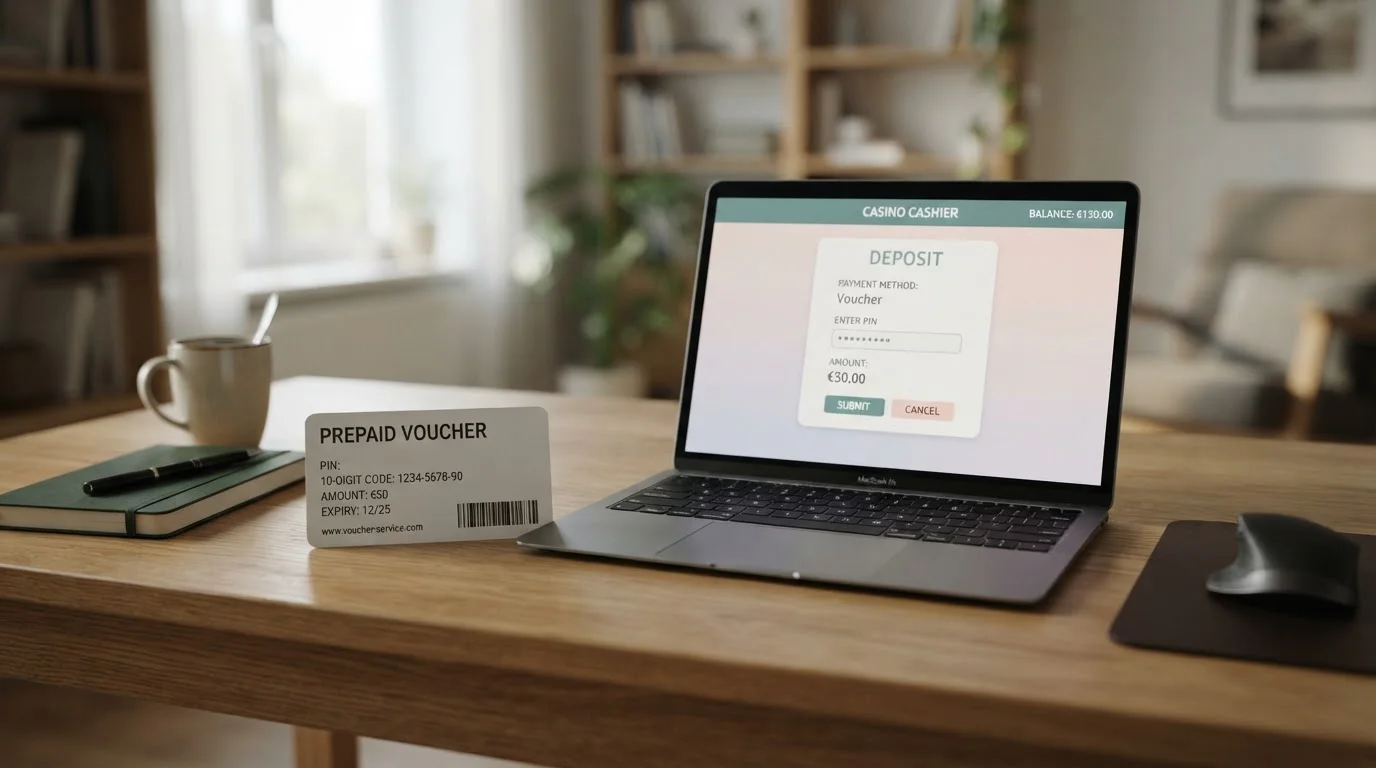Cupón prepago Neosurf con código PIN sobre escritorio con portátil mostrando cajero de casino