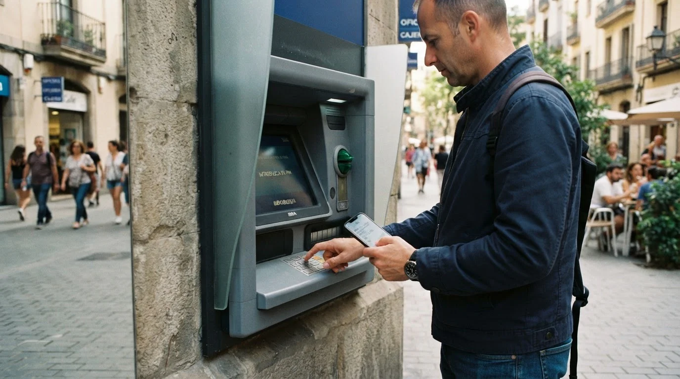 Persona retirando efectivo en cajero automático mediante código Halcash en España