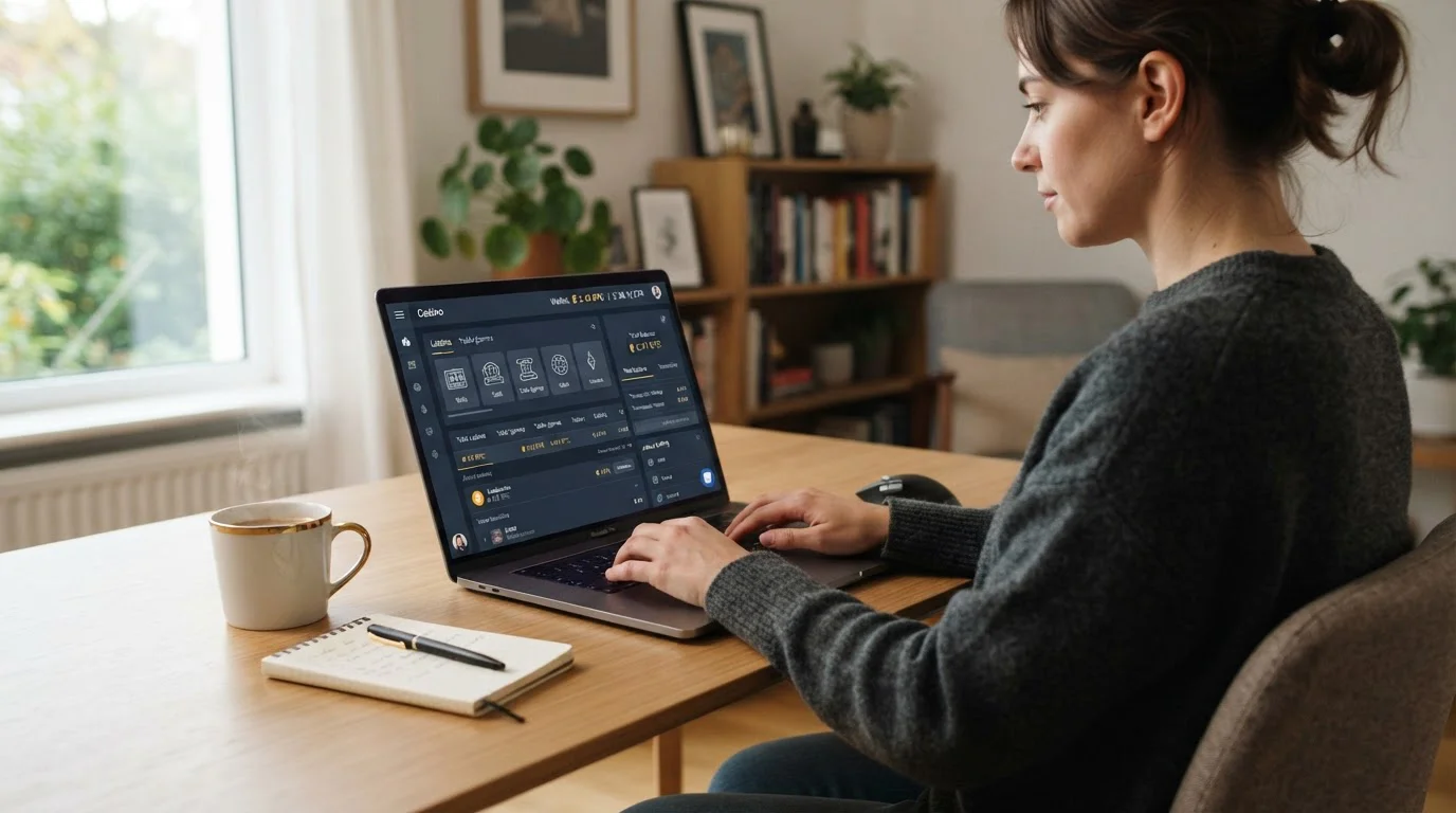 Persona usando laptop con interfaz de casino cripto y monedero Solana en pantalla