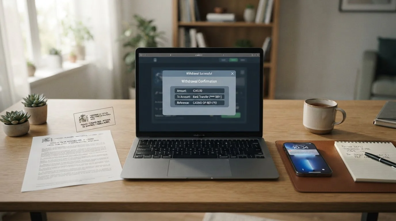 Escritorio moderno con documento legal español y laptop mostrando interfaz de casino online