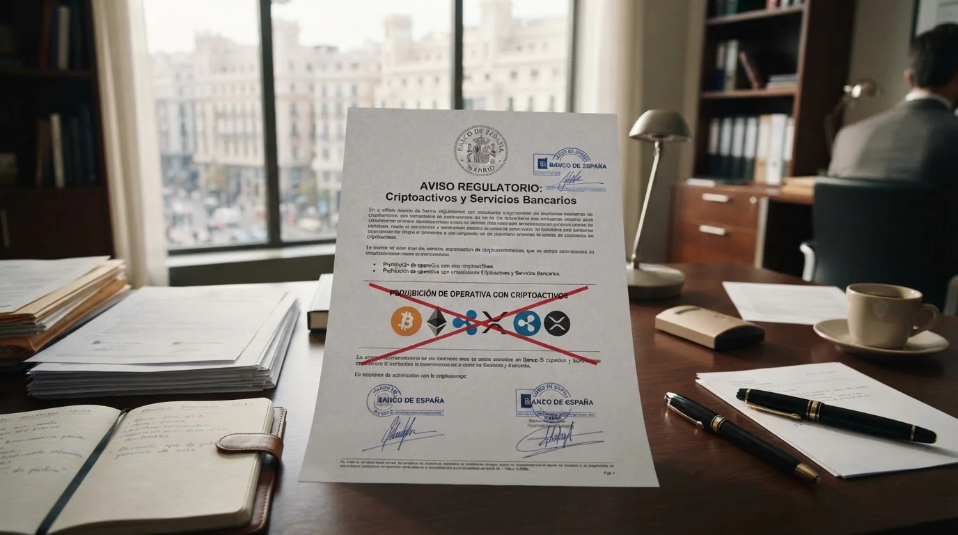 Documento oficial con sello del Banco de España y símbolos de criptomonedas tachados