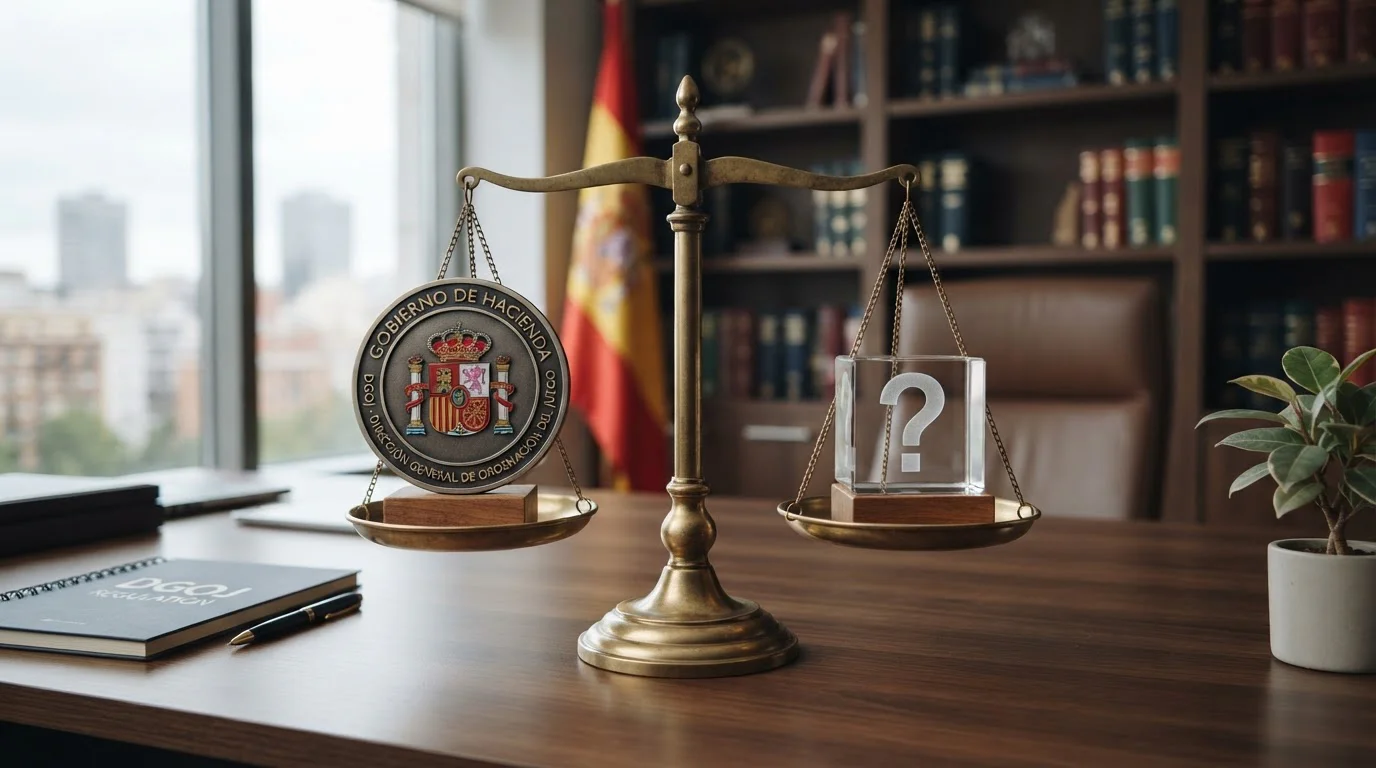 Balanza comparando casino DGOJ con sello legal y casino offshore con signos de interrogación