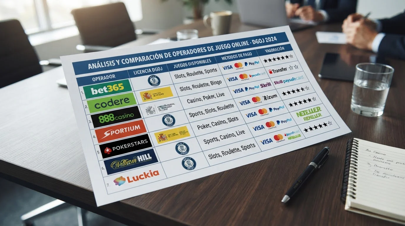 Tabla comparativa de casinos online españoles con logos, licencias DGOJ y métodos de pago destacados