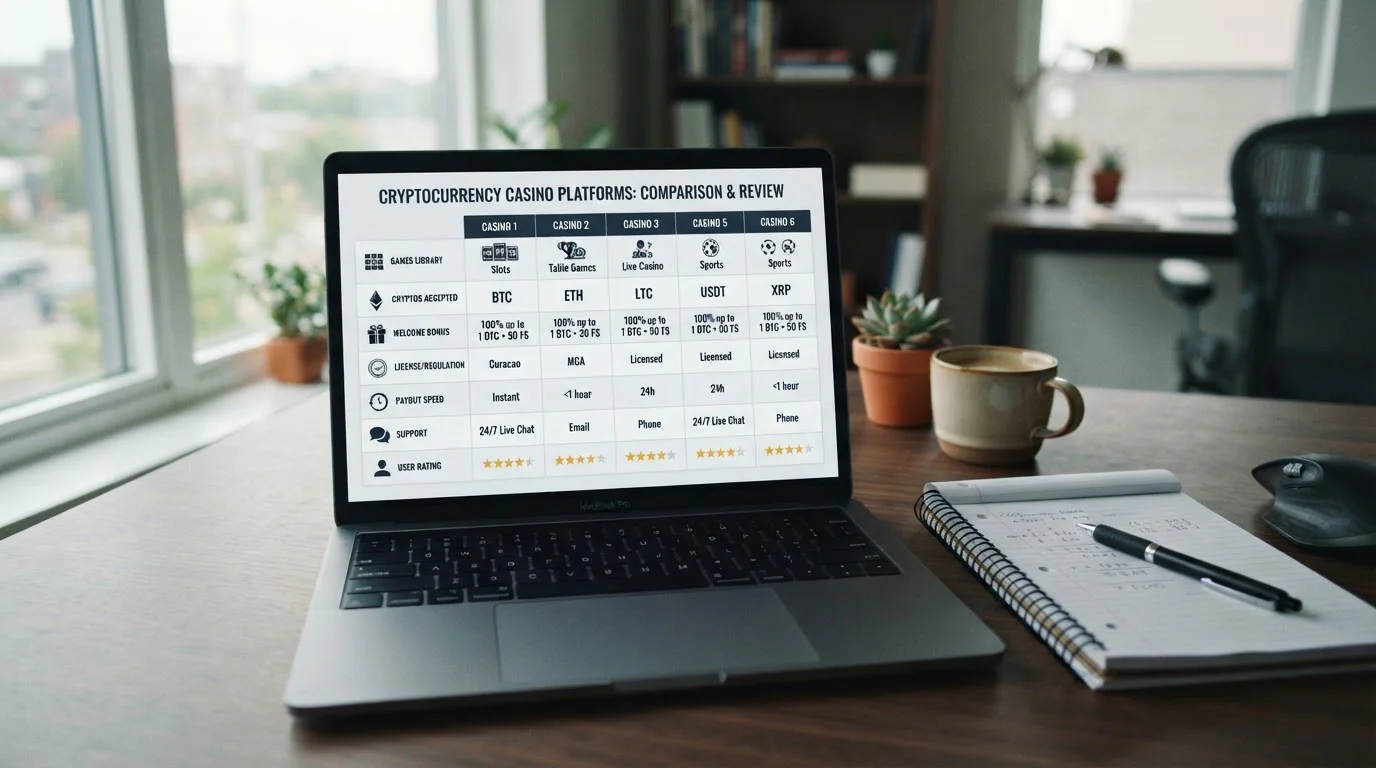 Pantalla de laptop mostrando comparación de seis plataformas de casino crypto