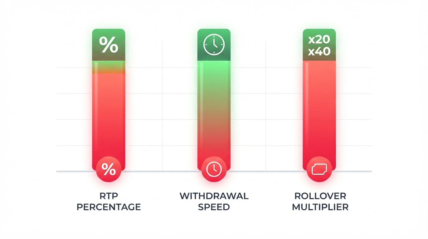 Gráfico comparativo de RTP, velocidad de retiro y rollover entre operadores