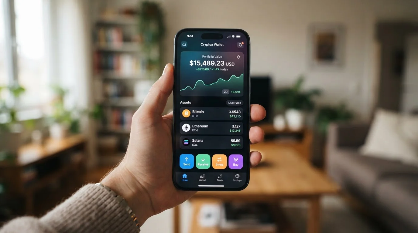 Pantalla de smartphone mostrando interfaz de Phantom Wallet con balance de Solana