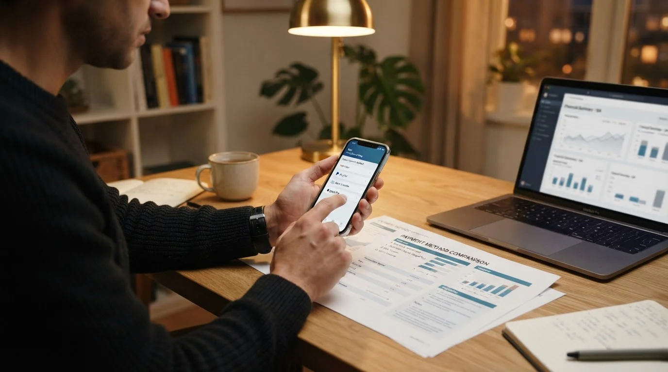 Persona con smartphone comparando opciones de pago en escritorio ordenado