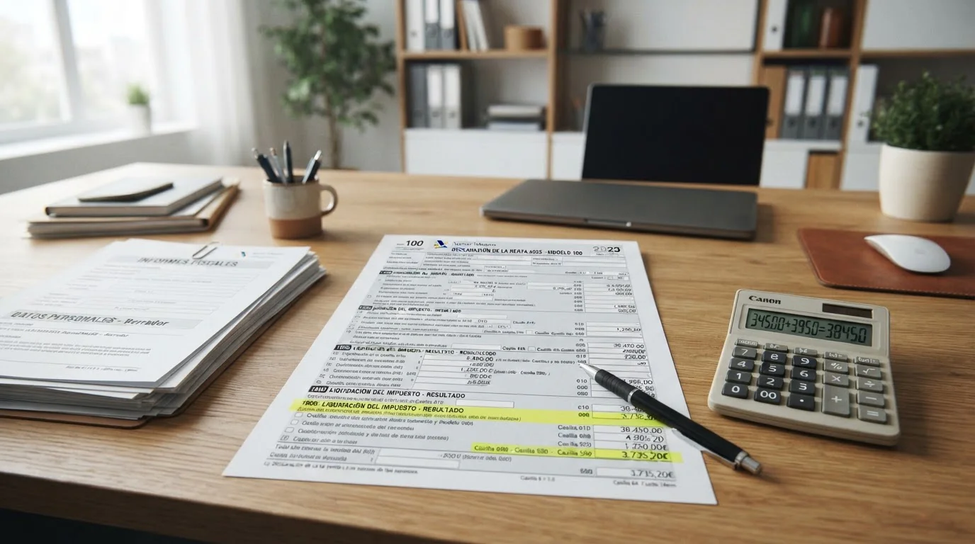 Formulario de declaración de renta con casilla 1800 destacada y calculadora sobre mesa