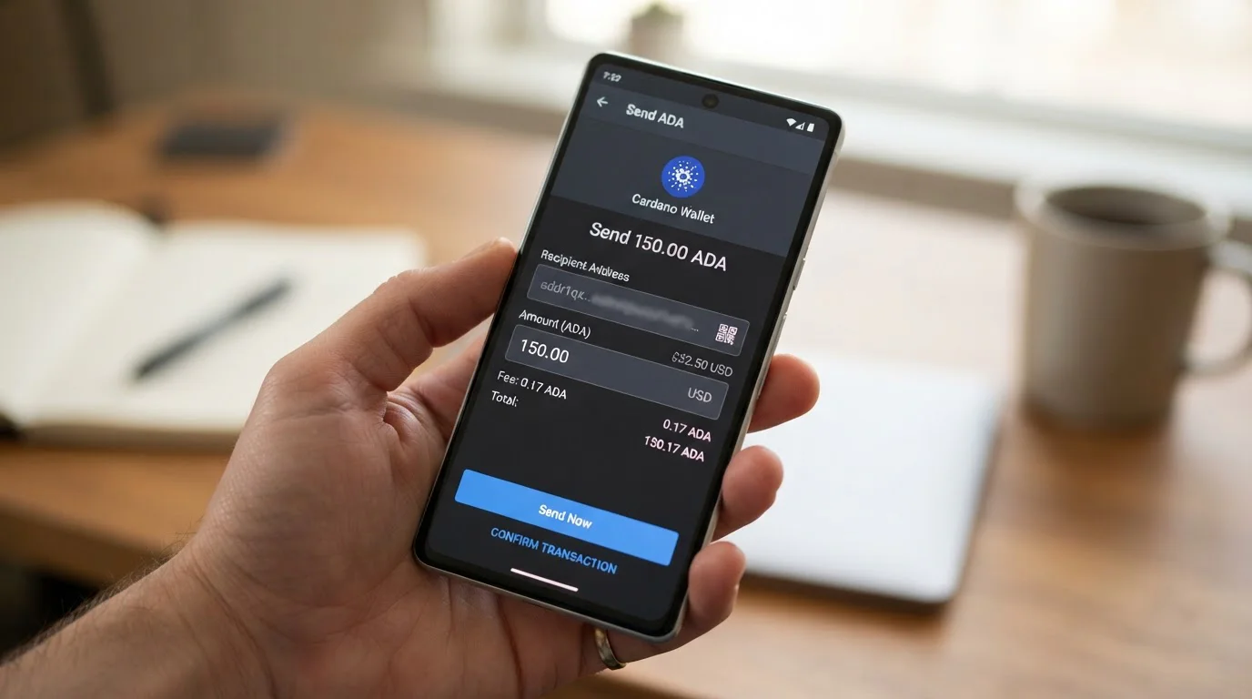 Pantalla de wallet Cardano mostrando proceso de envío de transacción