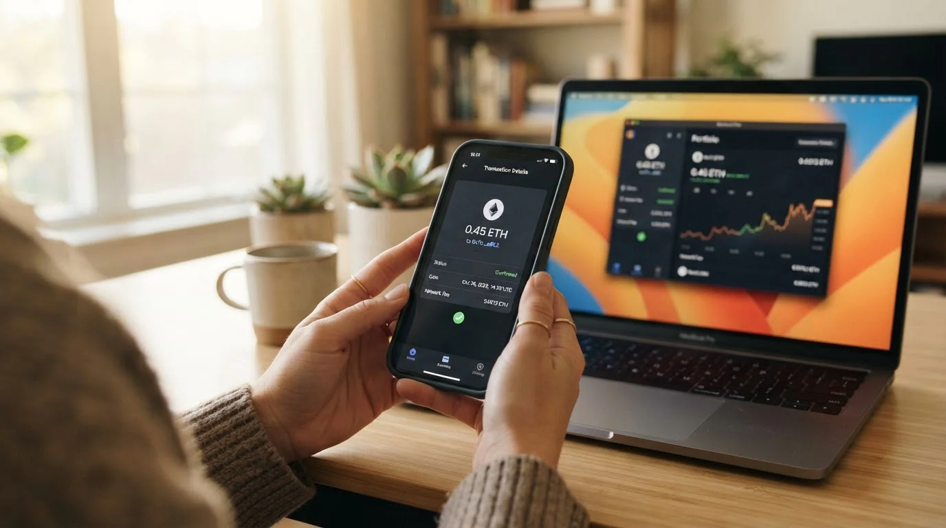 Manos sosteniendo smartphone con interfaz de wallet cripto y laptop al fondo