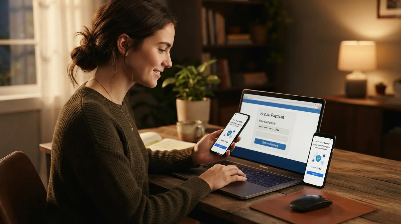Persona en escritorio introduciendo datos de tarjeta en laptop con autenticación móvil