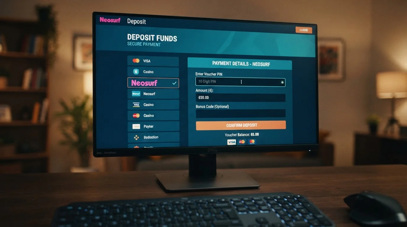 Pantalla de cajero de casino online con selección de método Neosurf y campo para introducir PIN