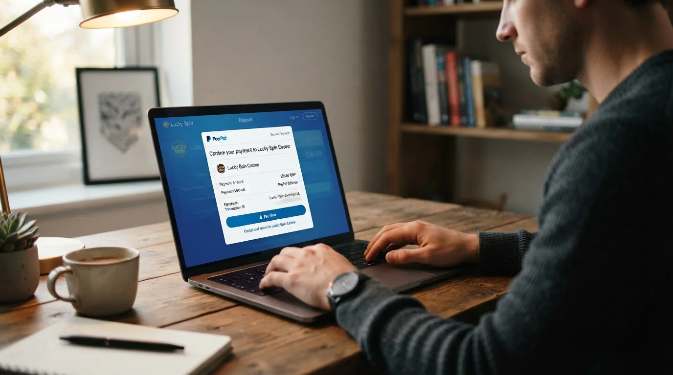 Pantalla de ordenador mostrando proceso de autorización de pago PayPal en casino