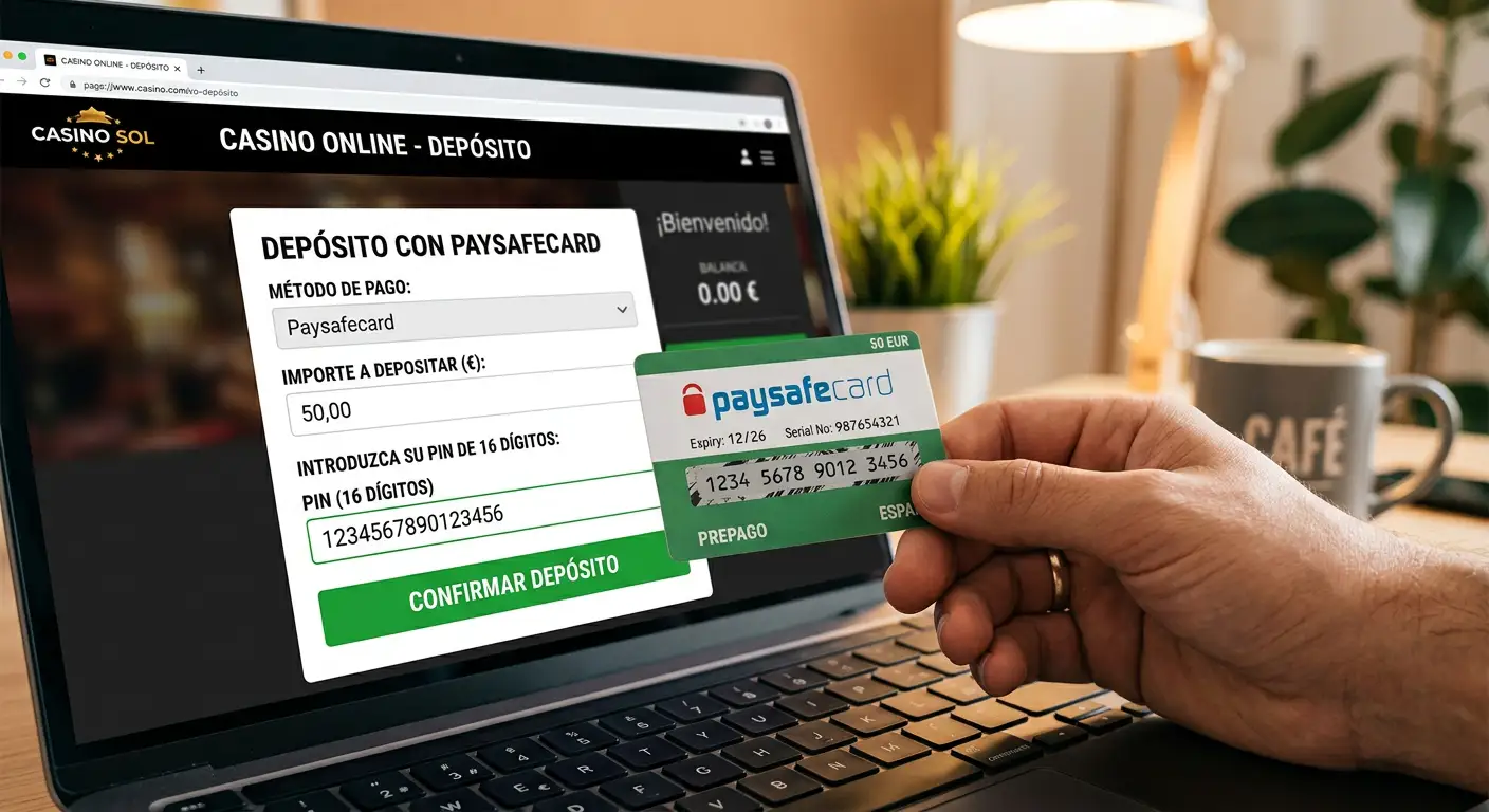 Mano sujetando tarjeta Paysafecard con PIN visible sobre teclado de ordenador con casino online en pantalla