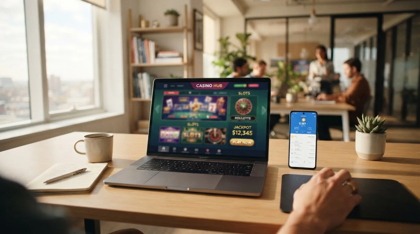 Escritorio con laptop mostrando interfaz de casino cripto y wallet TronLink