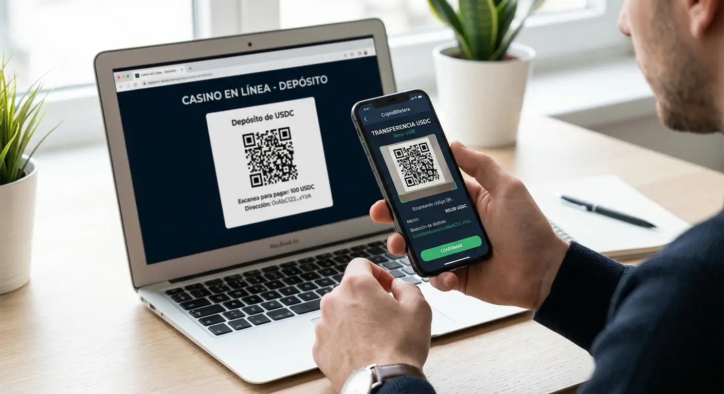 Persona con smartphone escaneando código QR desde wallet cripto hacia interfaz de casino