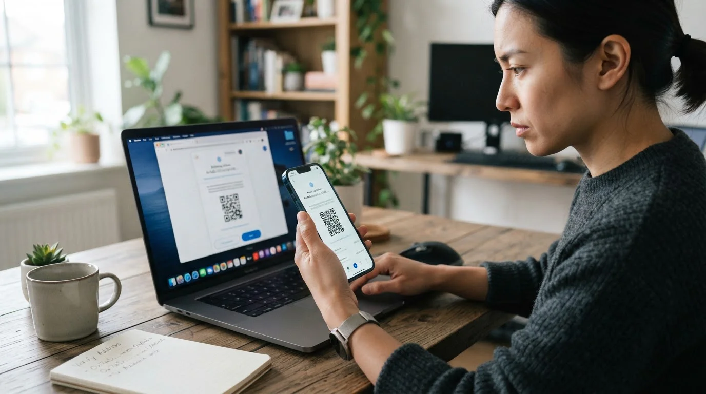 Persona en escritorio verificando dirección de wallet en pantalla de smartphone y laptop