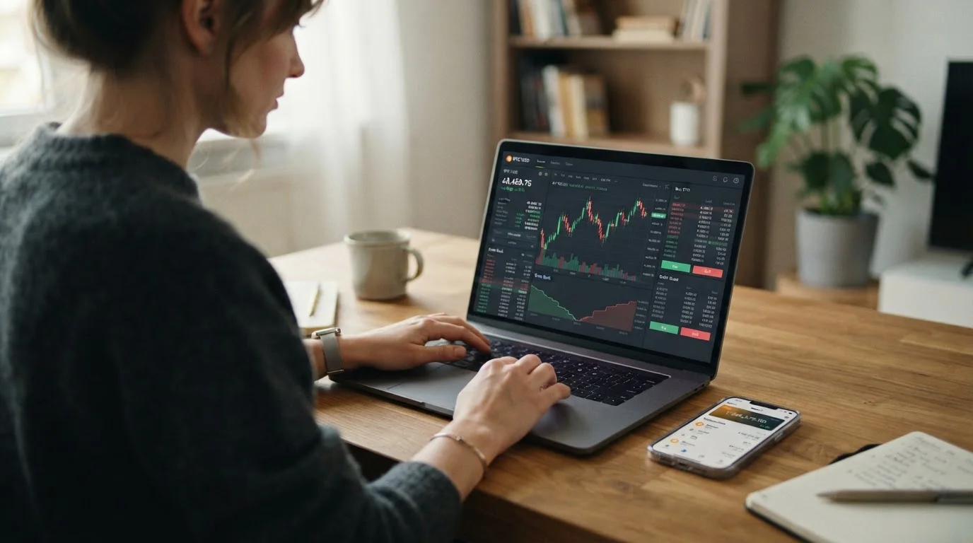 Manos usando laptop con interfaz de exchange y smartphone con wallet