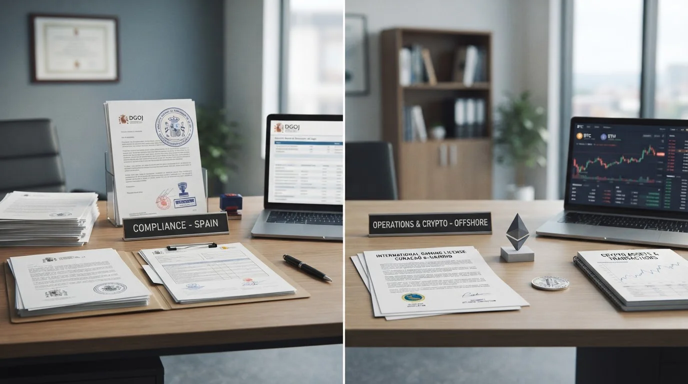 Comparación visual de dos escritorios: uno con documentos oficiales y sello DGOJ, otro con licencia offshore y símbolos de cripto