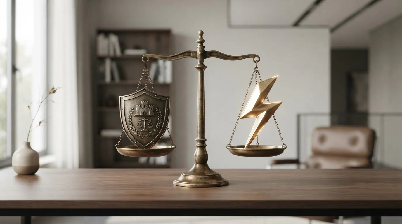 Balanza equilibrando símbolos de velocidad y seguridad legal