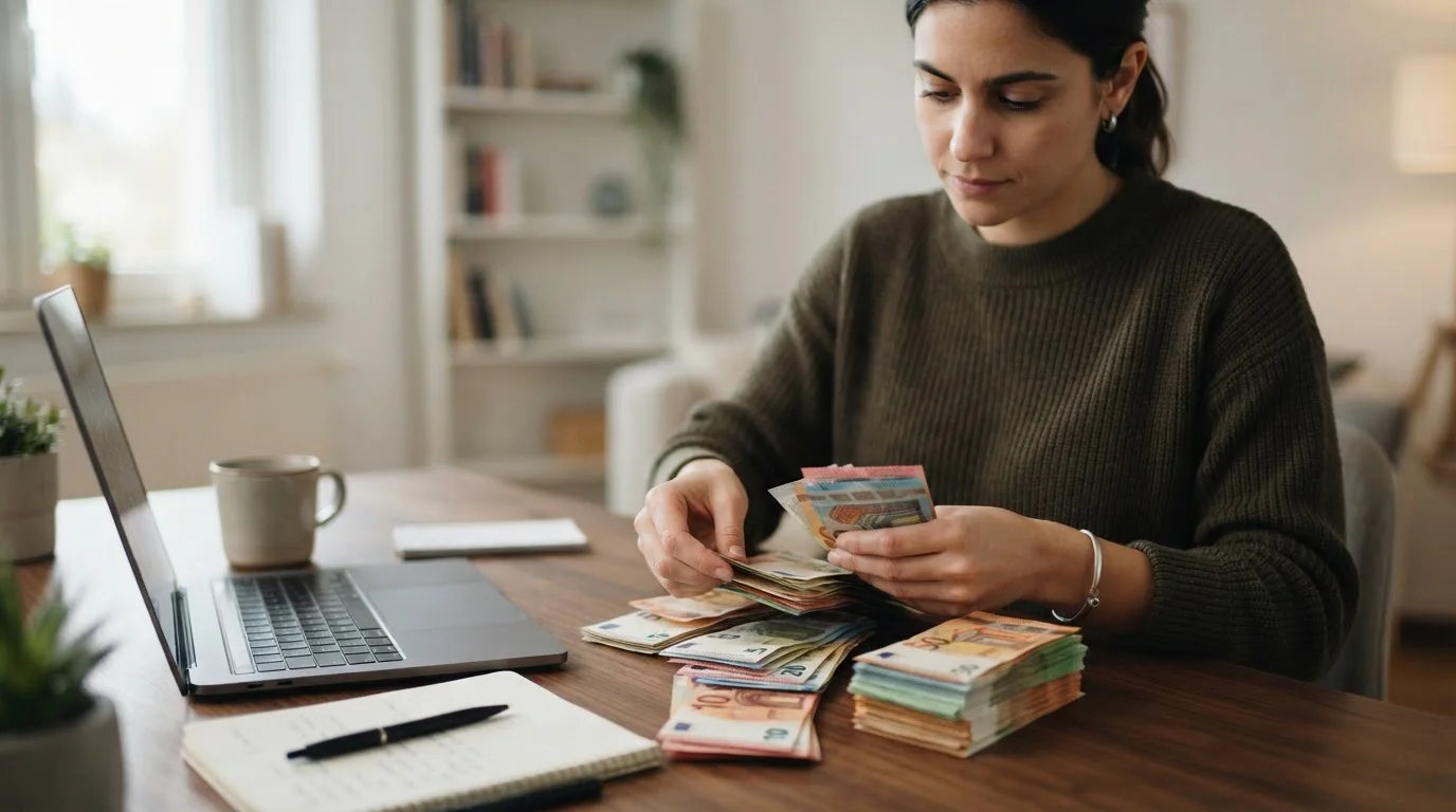 Persona contando billetes de euro tras retirada en cajero automático